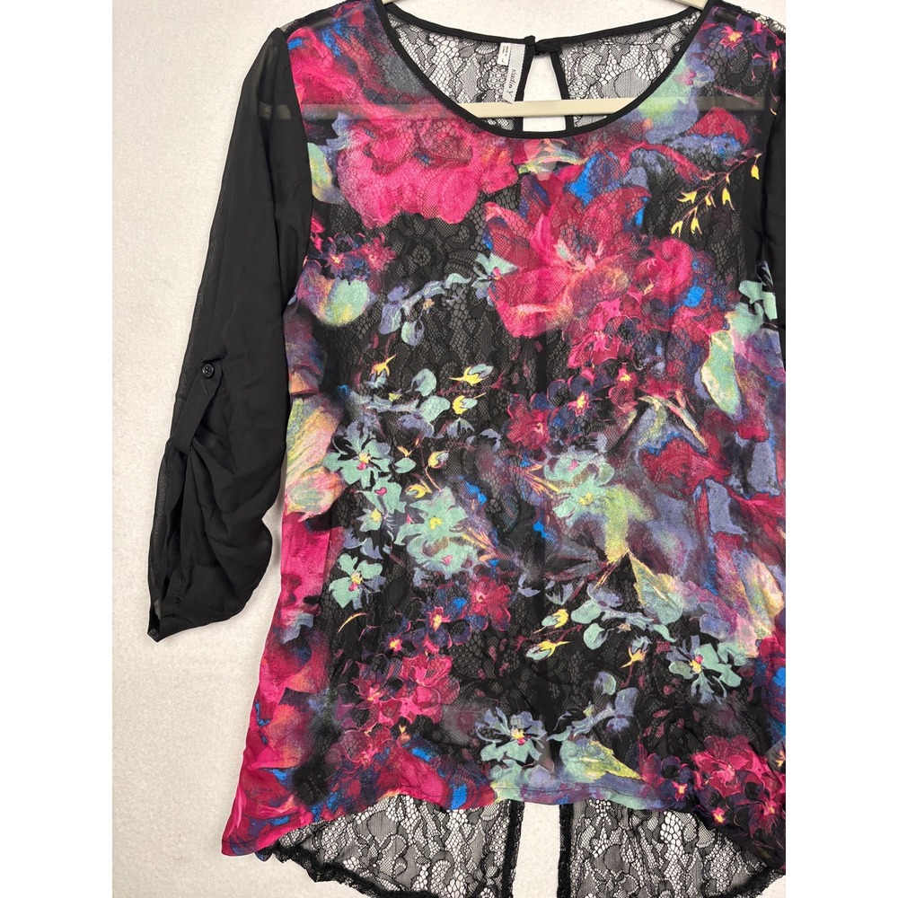 Studio Y Floral Lace Back Blouse Womens L Sheer Roll Tab 3/4 Sleeve